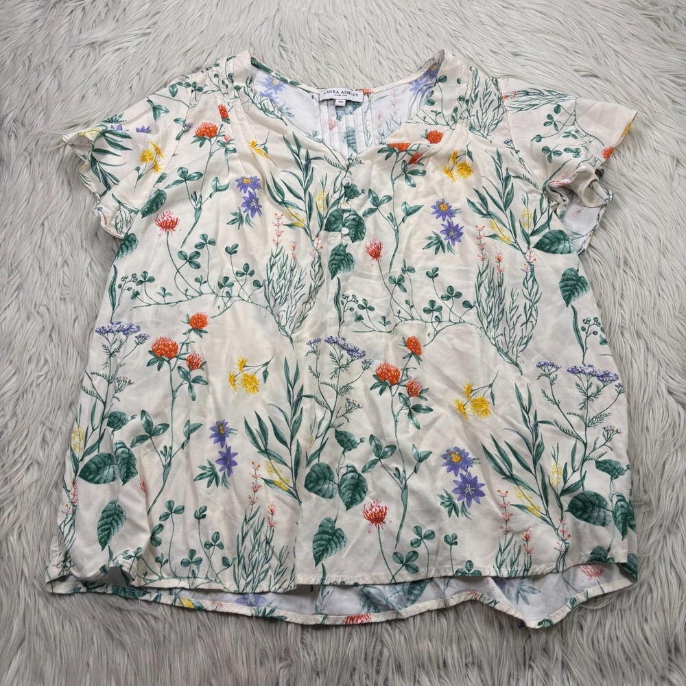 Laura‎ Ashley Women's 2X Ivory Multi Floral Flutter Sleeve Blouse Top Feminine